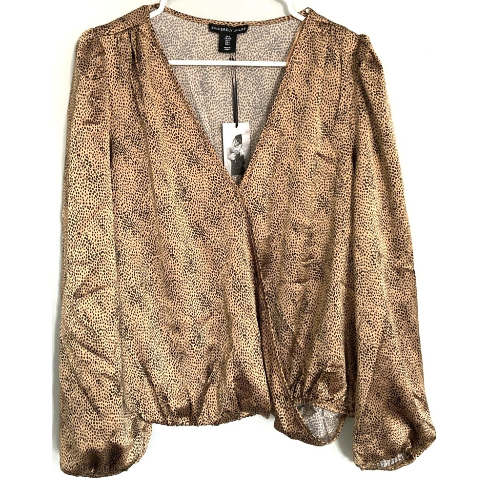 Sincerely Jules Shirt Women L Cheetah/Leopard Print Vneck Balloon Sleeve Top NWT